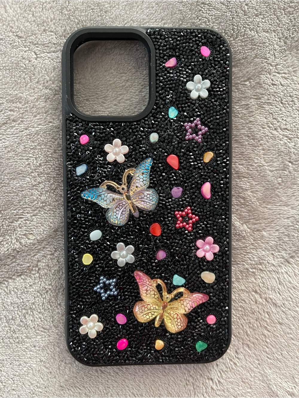 Black Butterfly & Floral Rhinestone Phone Case - Multicolor Accent